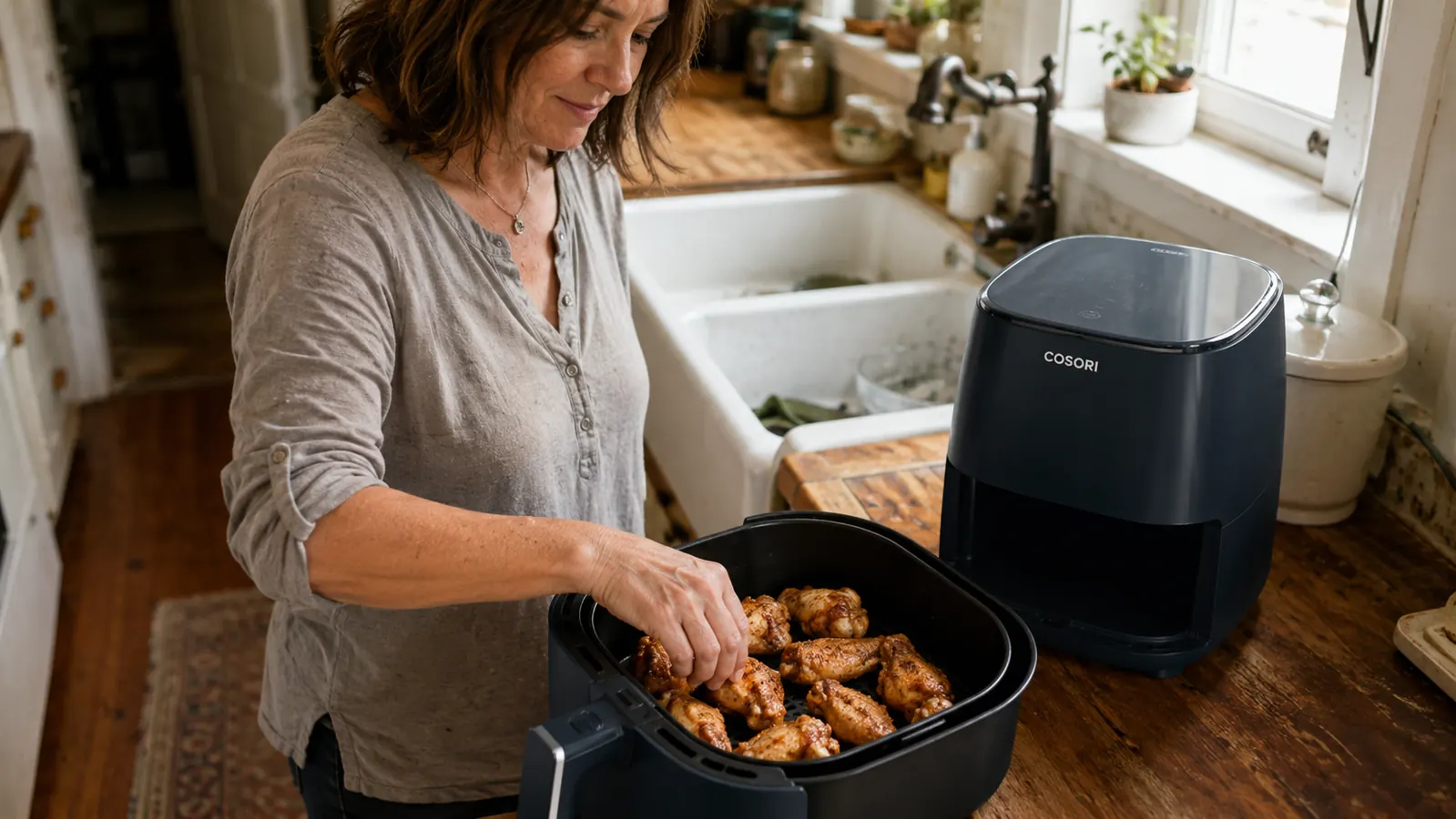 Hand arranging chicken wings in a single layer inside the Cosori Air Fryer Pro's ceramic basket