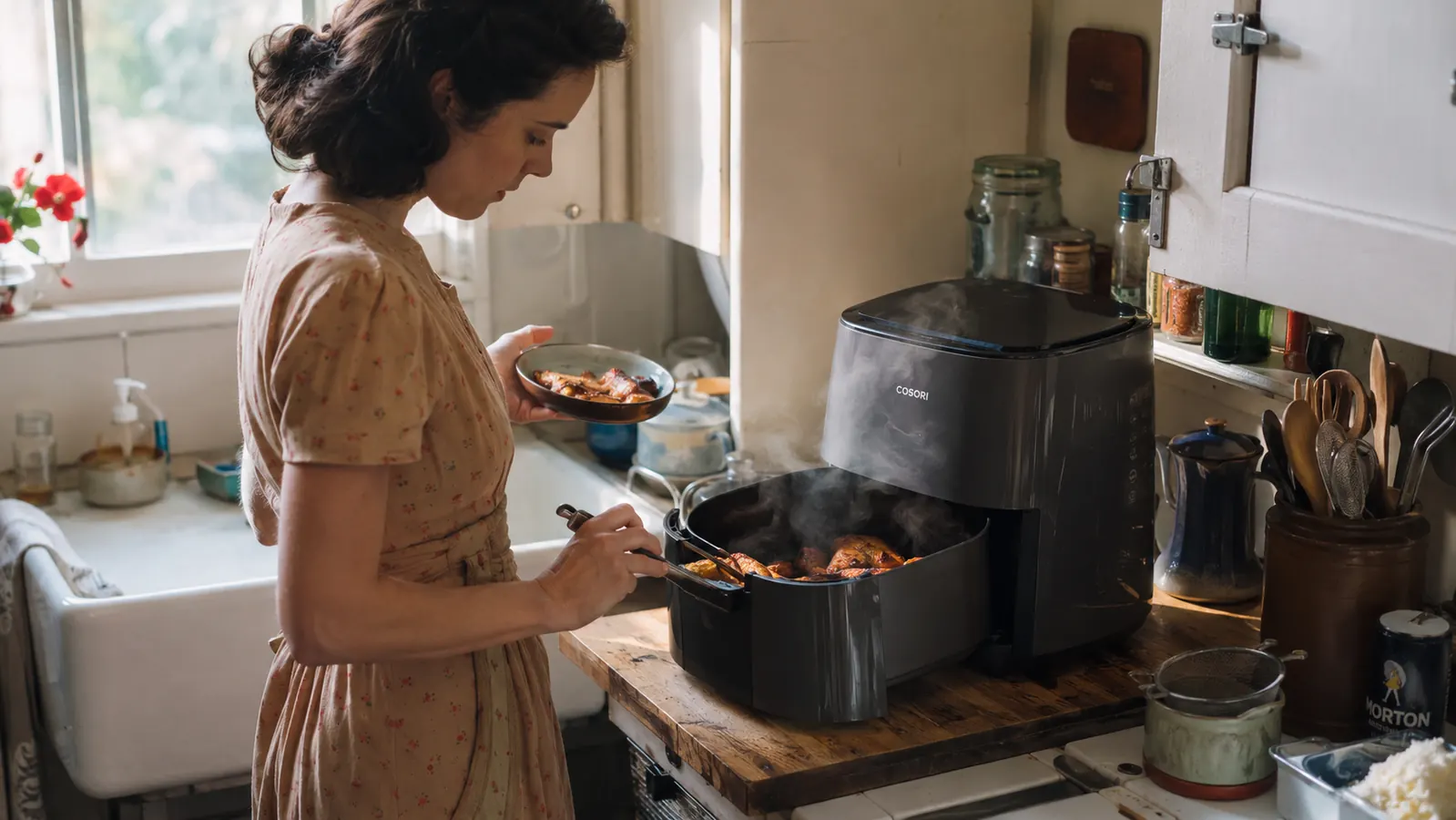 Grey Cosori Air Fryer Pro LE on a narrow kitchen counter with steam rising off freshly crisped chicken thighs