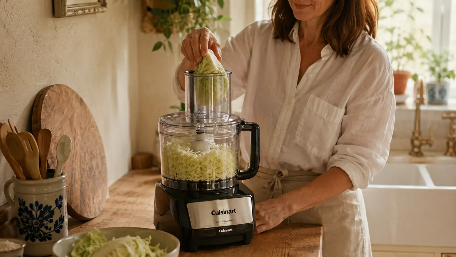 Hand feeding cabbage into a Cuisinart food processor feed tube with shredded cabbage collecting in the bowl