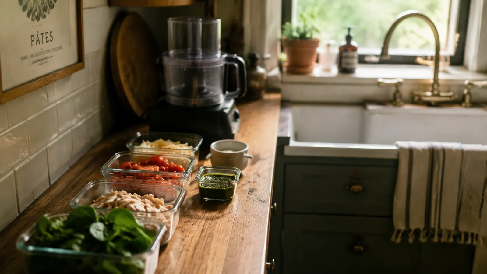 Small containers of prepped vegetables and pesto lined up on a narrow kitchen counter