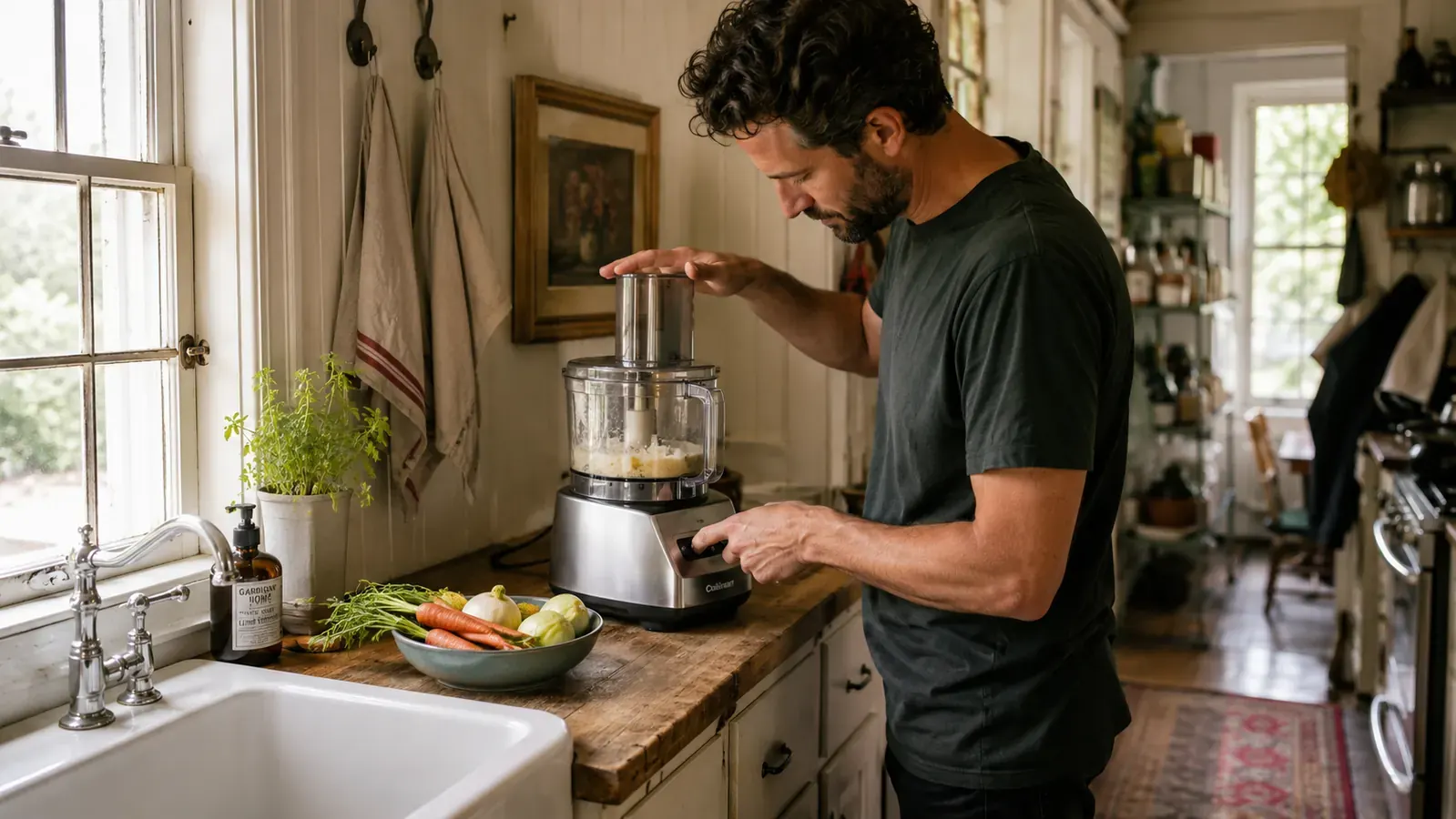 A Cuisinart food processor running on a narrow strip of counter in a small galley kitchen