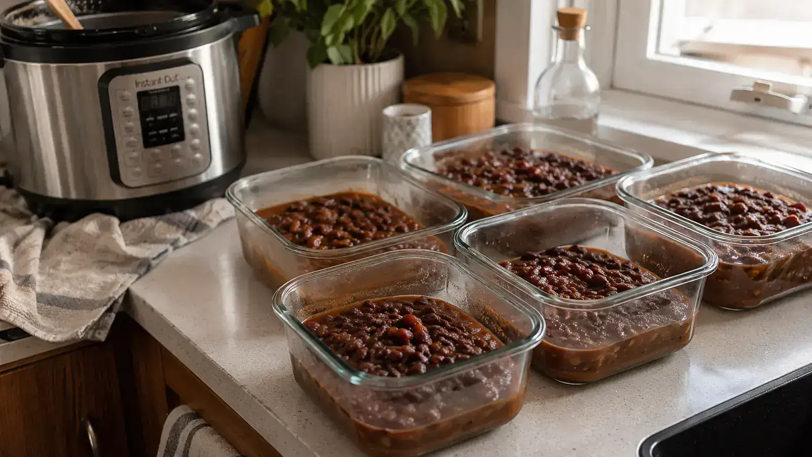 Glass containers of beans and broth cooling on a counter next to an Instant Pot Duo after a batch cooking session