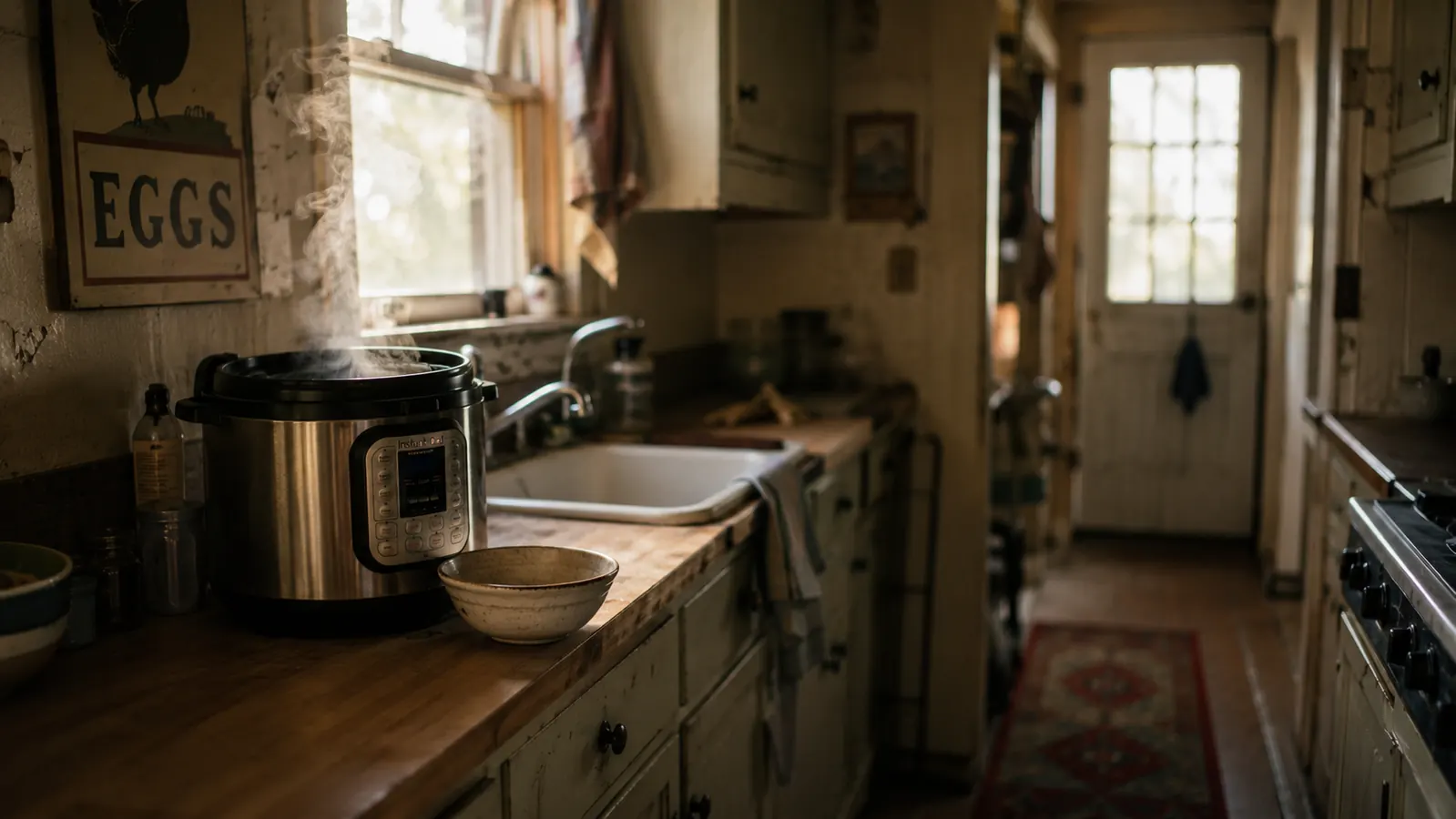 An Instant Pot Duo steaming on a narrow galley kitchen counter in soft morning light