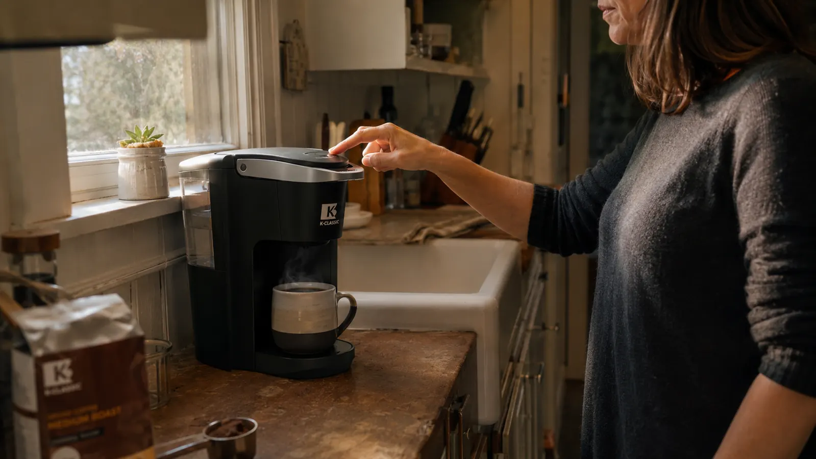 A hand pressing the brew button on the Keurig K-Classic with a mug in place