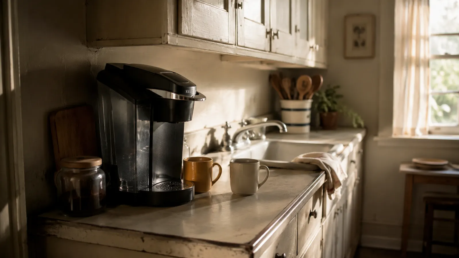 A black Keurig K-Classic coffee maker on a narrow kitchen counter in early morning light with two mugs nearby