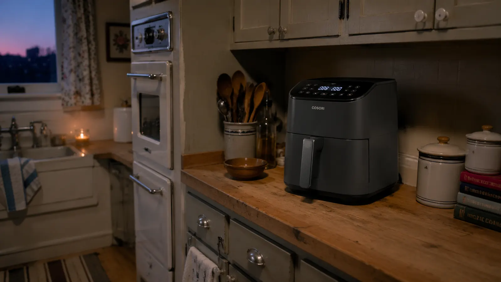 Grey Cosori Air Fryer Pro on a narrow kitchen counter with the closed oven visible behind it in a summer evening kitchen