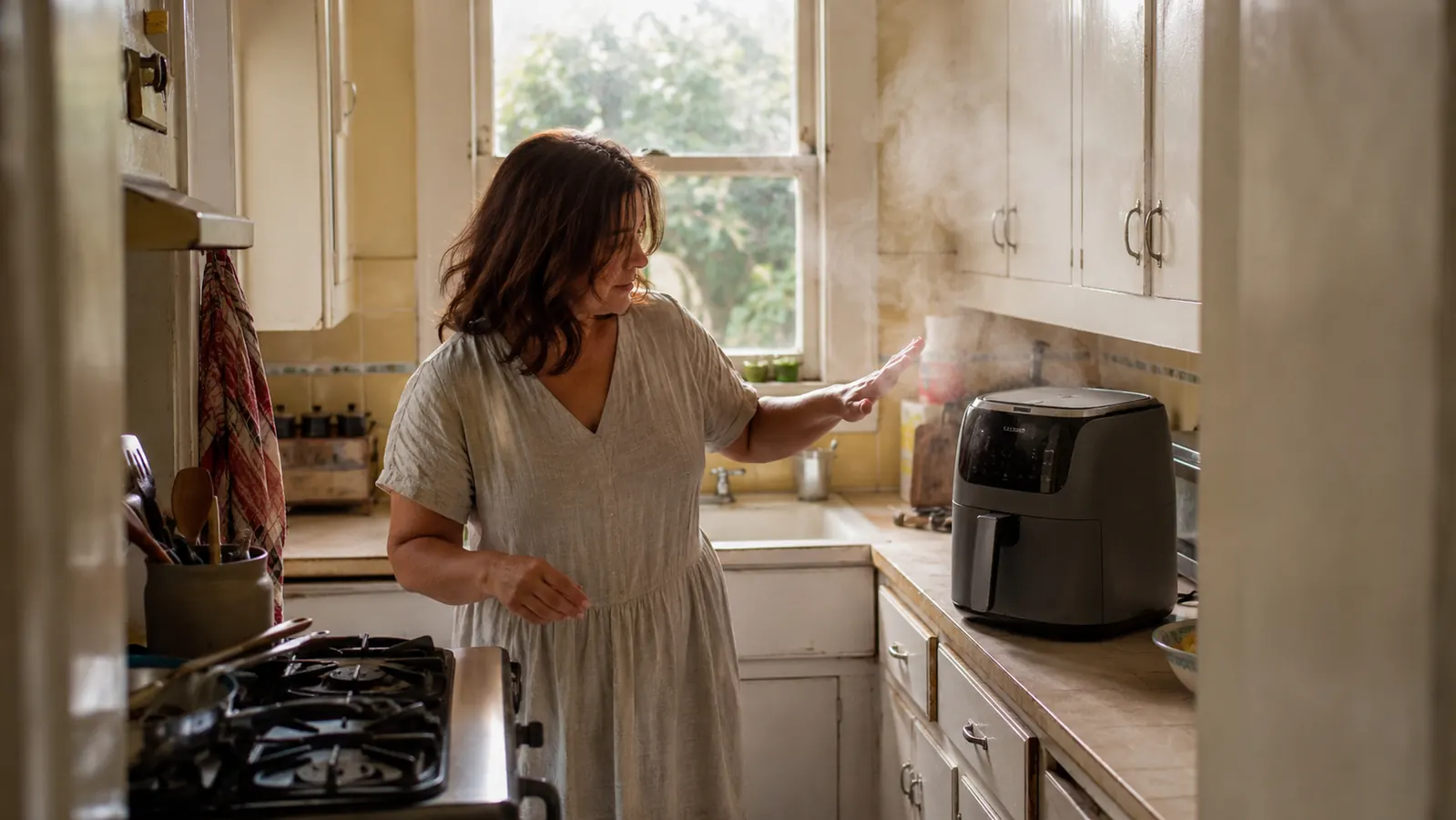 Woman cracking a kitchen window to clear lingering cooking smell near her Cosori Air Fryer Pro on a narrow counter