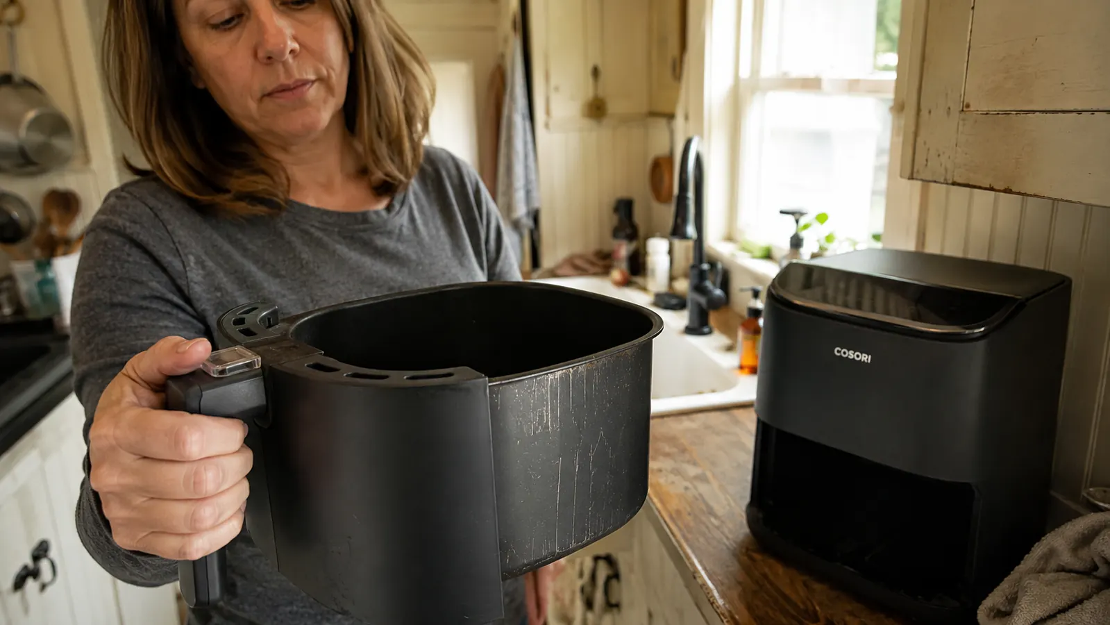 Close-up of the Cosori Air Fryer Pro's ceramic basket showing light scratch marks and a stained seam after six months of use
