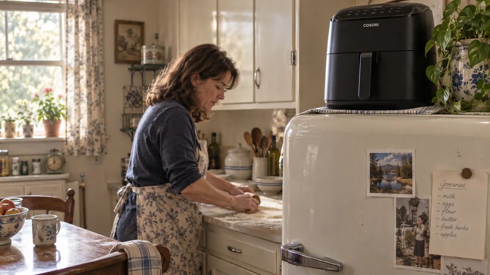 Cosori Air Fryer Pro stored on top of a refrigerator to free up counter space for weekend baking