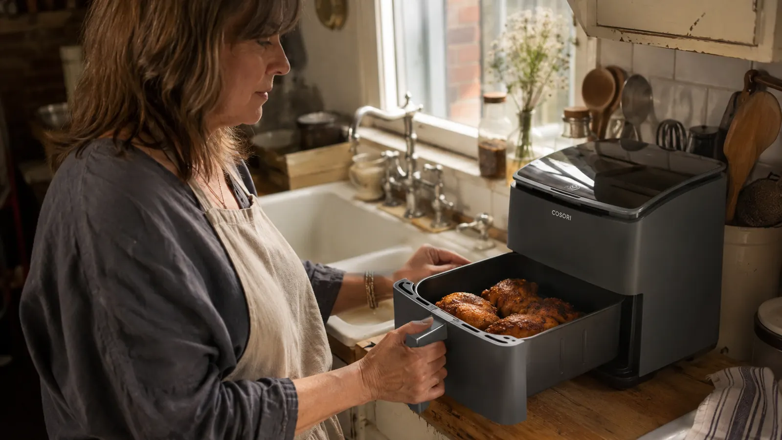 Grey Cosori Air Fryer Pro on a narrow kitchen counter with crispy chicken thighs being pulled from the basket