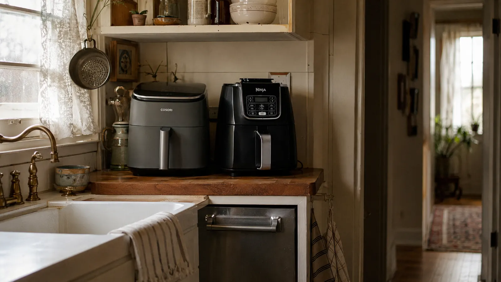 Grey Cosori Air Fryer Pro and a black Ninja air fryer sitting side by side on a narrow kitchen counter