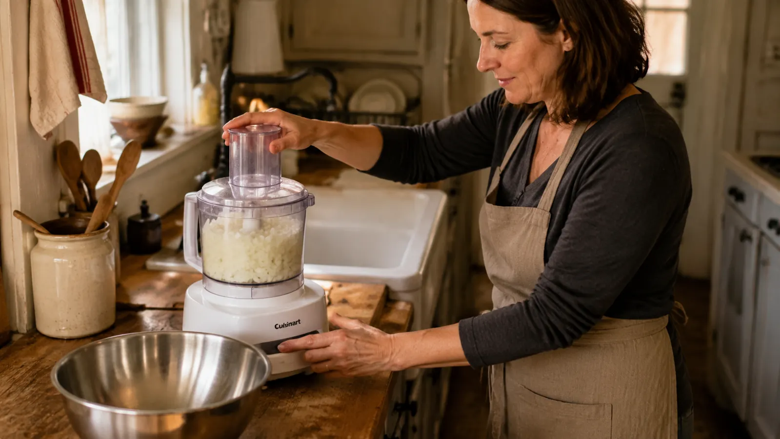 Hands pulsing diced onions in a Cuisinart food processor bowl on a narrow kitchen counter