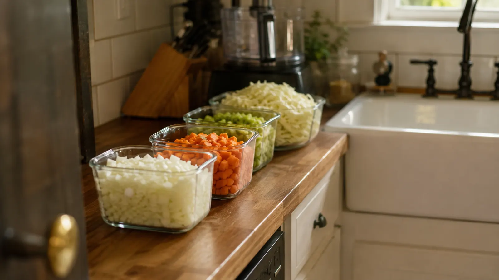 Glass containers of freshly chopped vegetables lined up on a small kitchen counter ready for the week