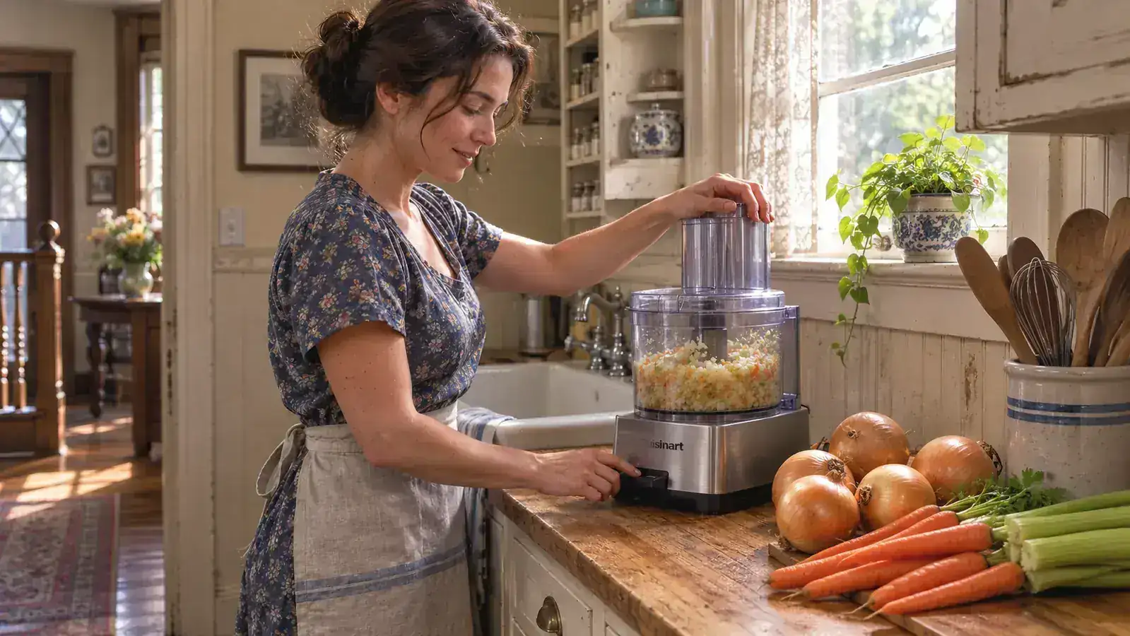 A Cuisinart food processor on a narrow kitchen counter beside a pile of whole vegetables on a Sunday morning