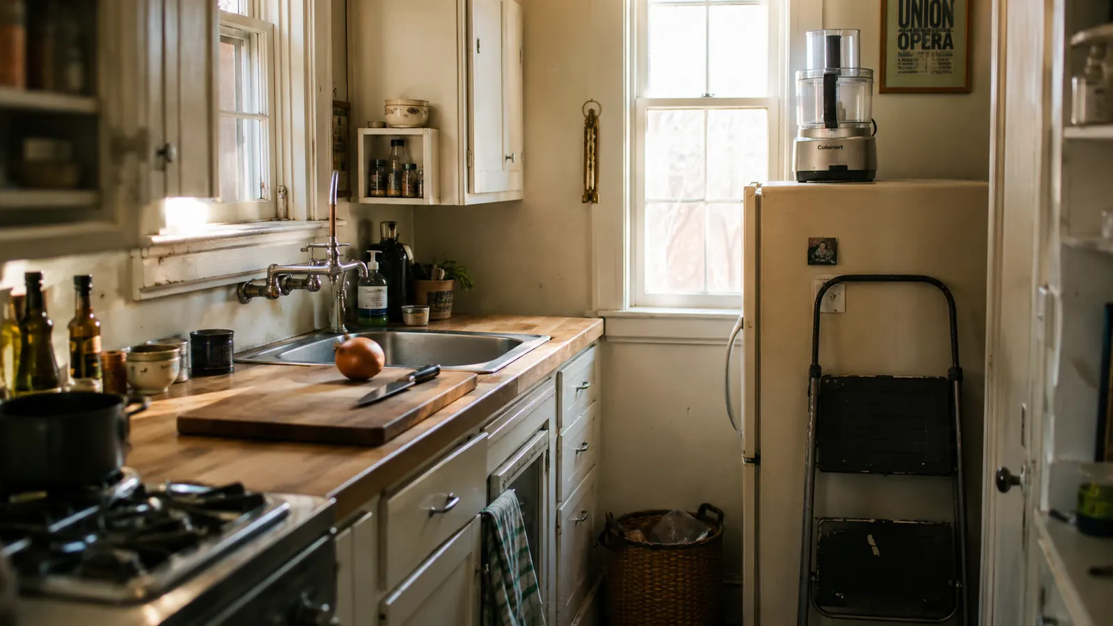 A Cuisinart food processor base stored on top of a refrigerator while a knife and cutting board sit ready on the counter