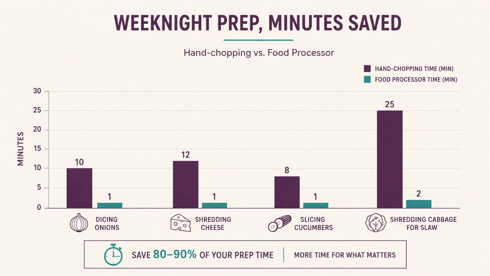Bar chart comparing hand-chopping time versus food processor time across four common kitchen prep tasks