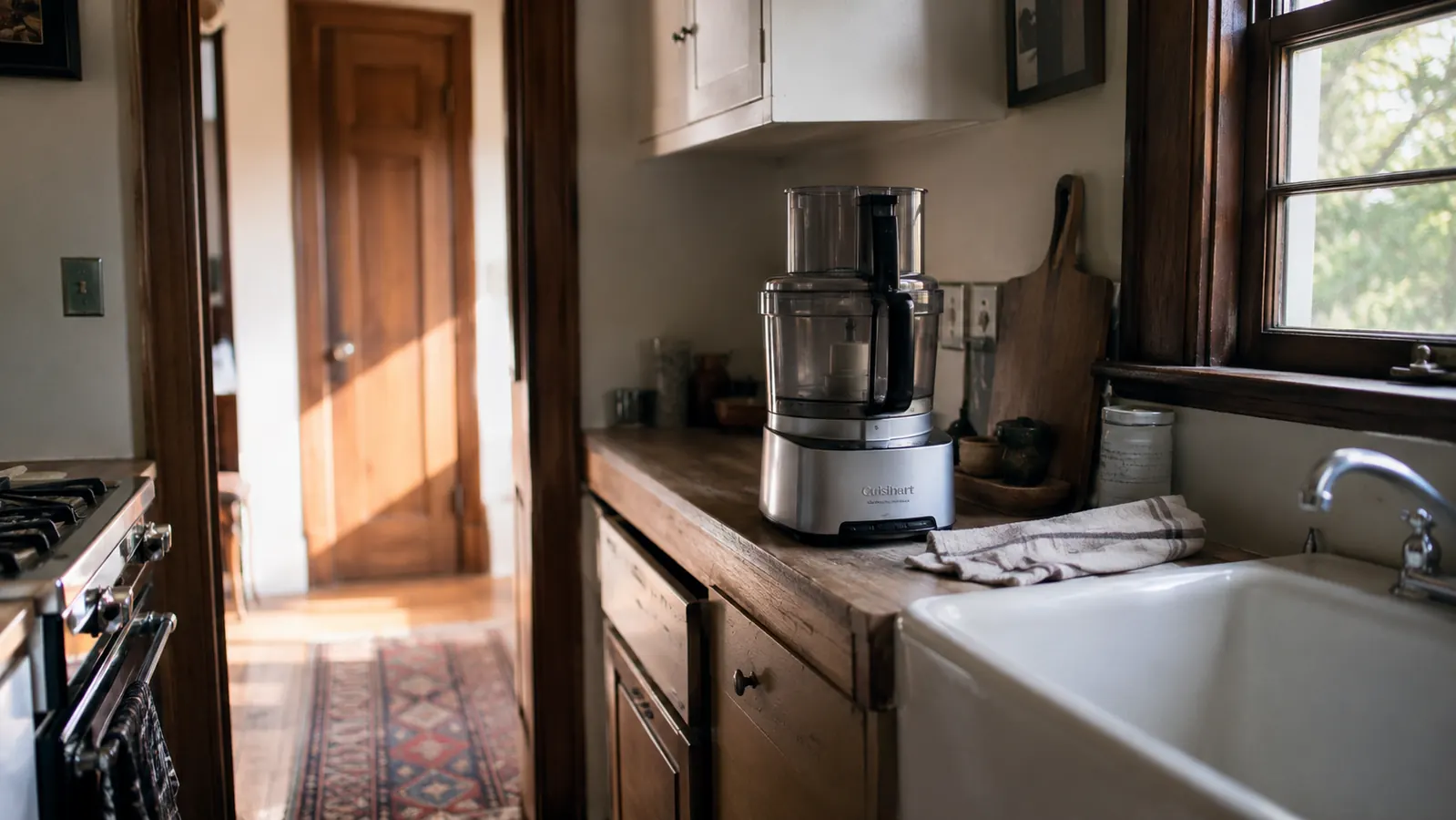 A Cuisinart food processor sitting on a narrow strip of counter in a small galley kitchen with morning light