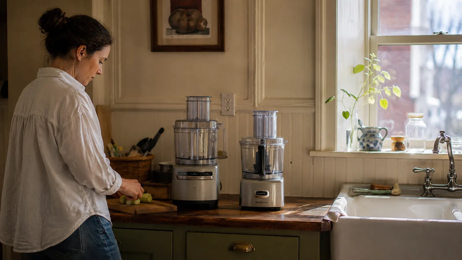 Two food processors sitting side by side on a narrow strip of counter in a small galley kitchen for comparison
