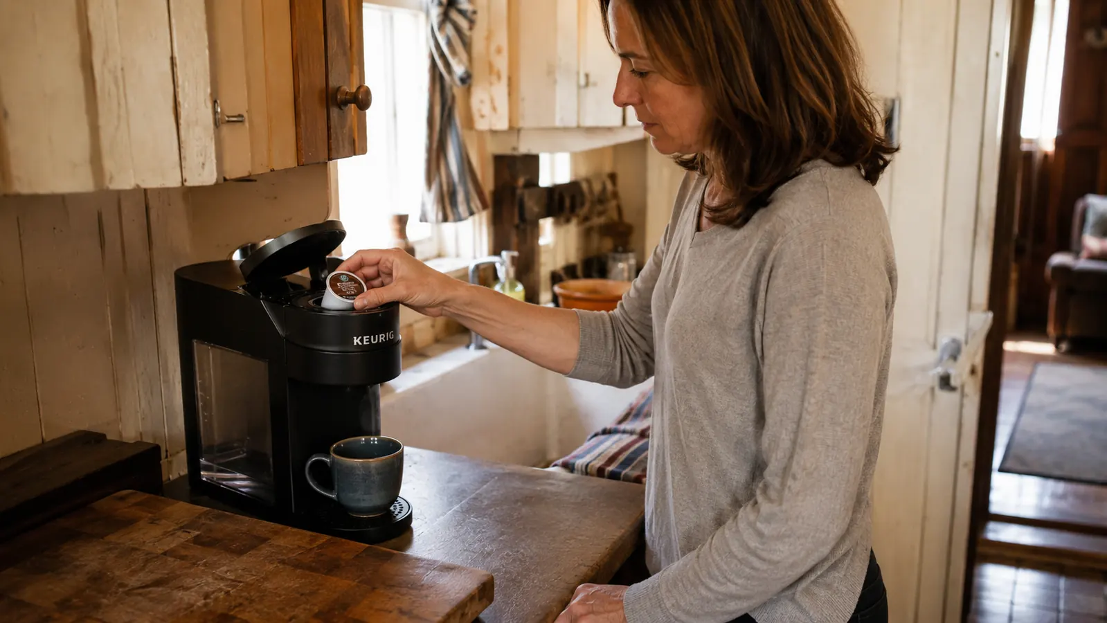A hand loading a dark roast K-Cup pod into the Keurig K-Classic