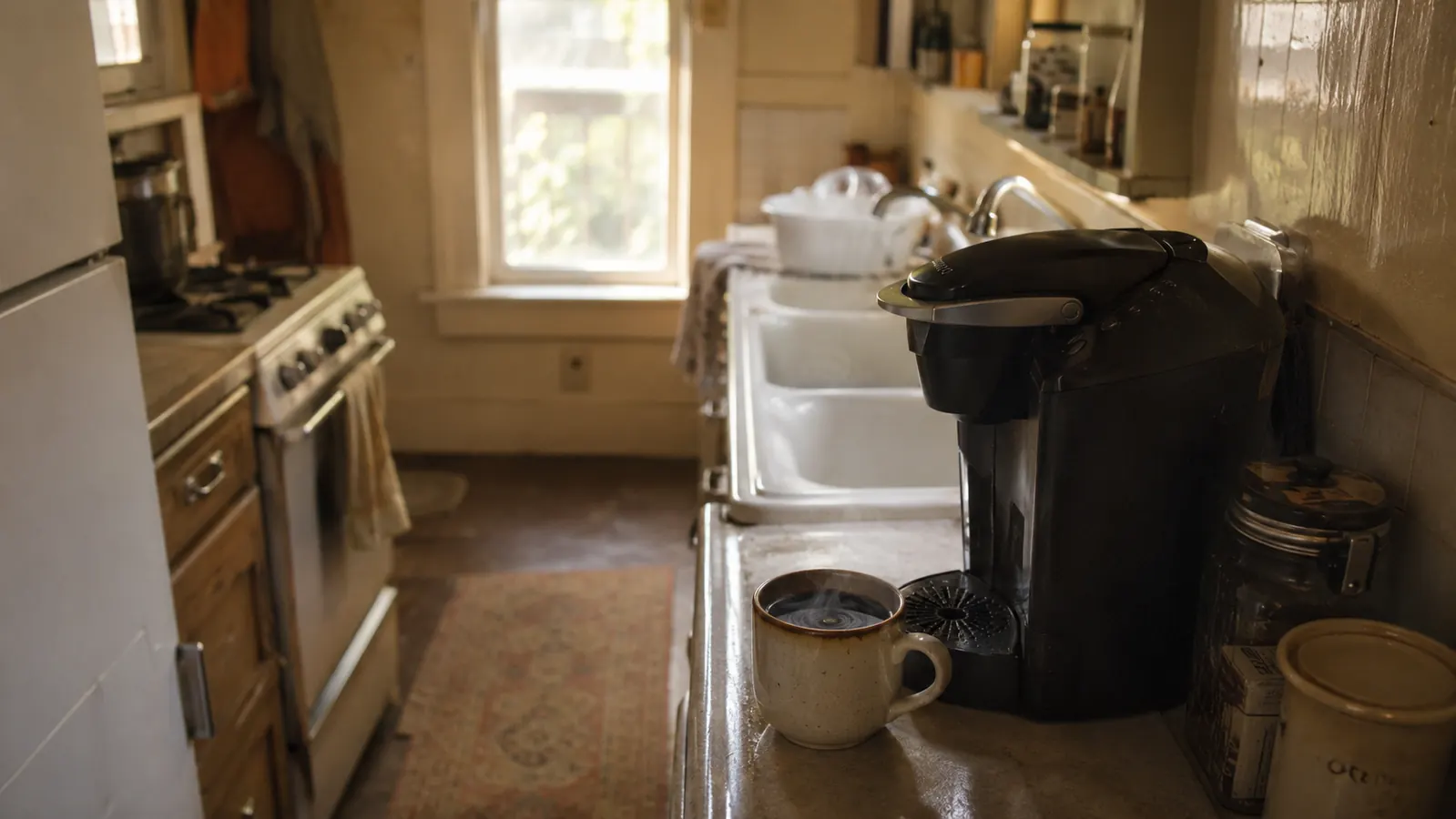A small mug of dark, steaming coffee brewed from a Keurig K-Classic on a narrow kitchen counter