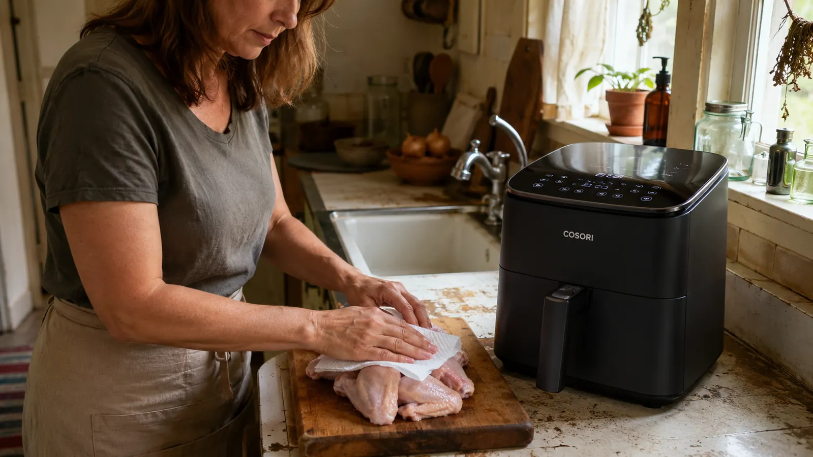 Hands patting raw chicken wings dry with paper towel next to the Cosori Air Fryer Pro on a kitchen counter