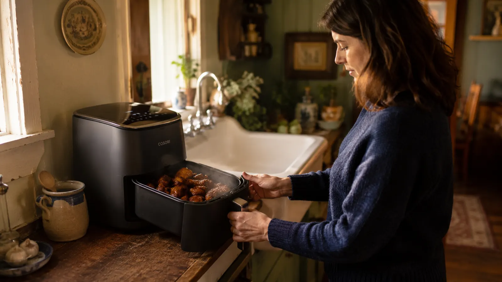 Grey Cosori Air Fryer Pro basket full of crispy chicken wings being pulled from the machine on a narrow kitchen counter