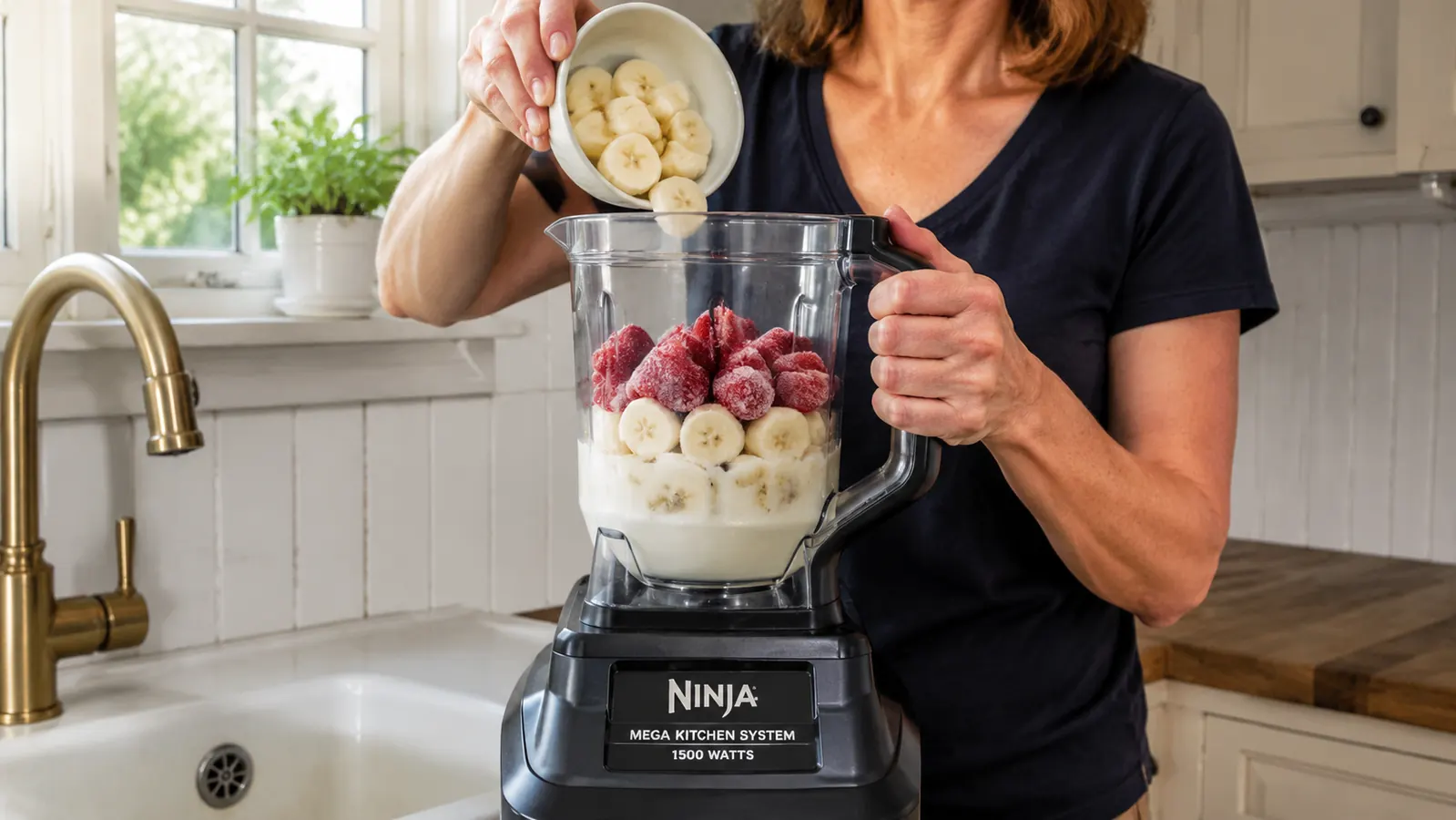 Hands layering oat milk, banana, and frozen strawberries into the Ninja Mega Kitchen System pitcher in loading order