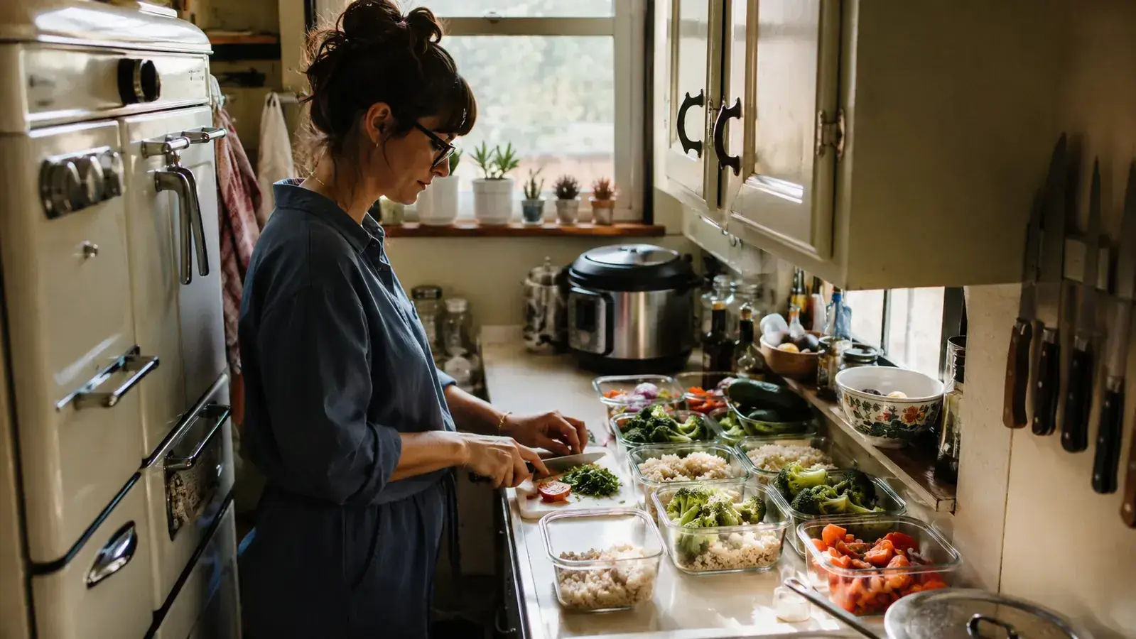 A crowded small kitchen counter with meal-prep containers, chopped vegetables, and a pressure cooker steaming