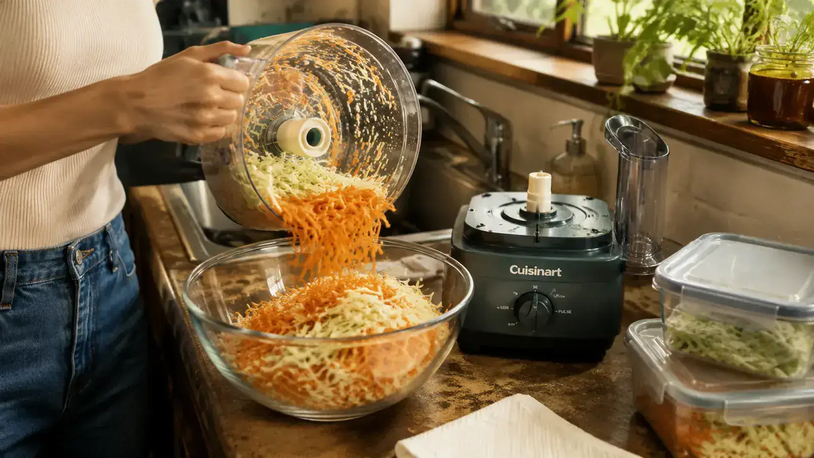 Shredded carrots and cabbage being poured from a Cuisinart food processor bowl into a mixing bowl