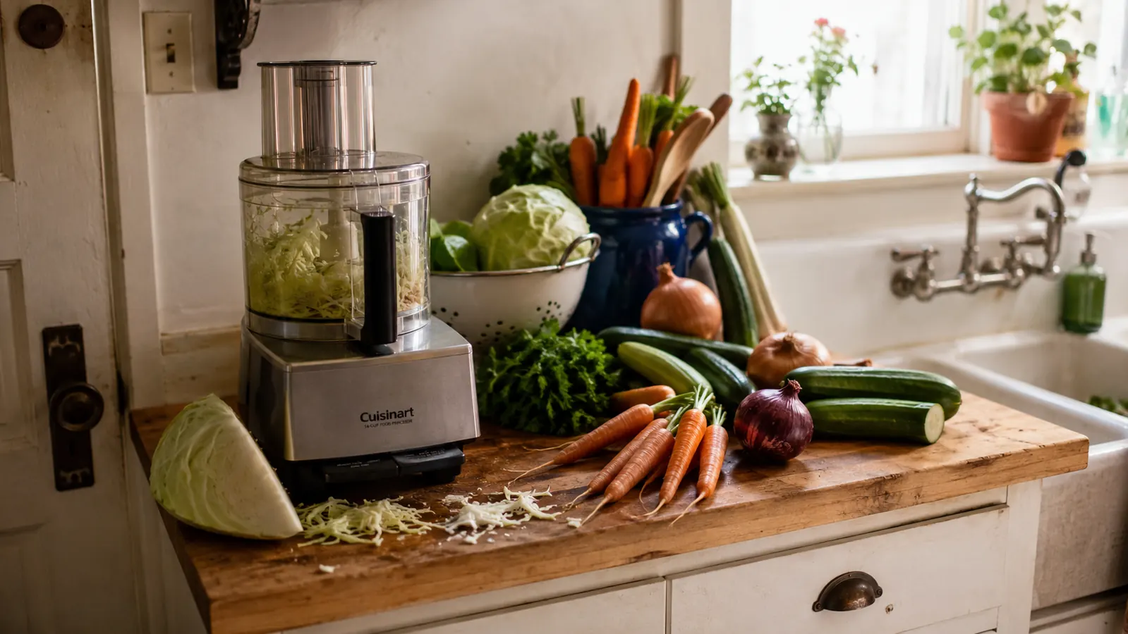 A Cuisinart food processor on a small kitchen counter surrounded by fresh whole vegetables ready for prep