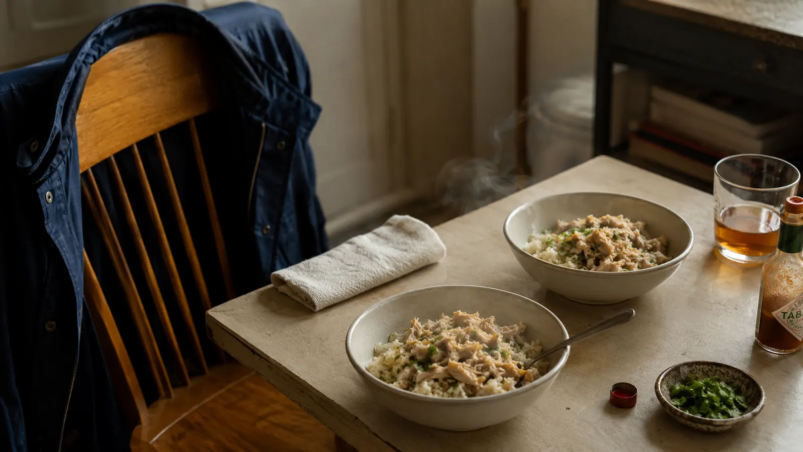 Two bowls of shredded chicken and rice on a small kitchen table with steam rising