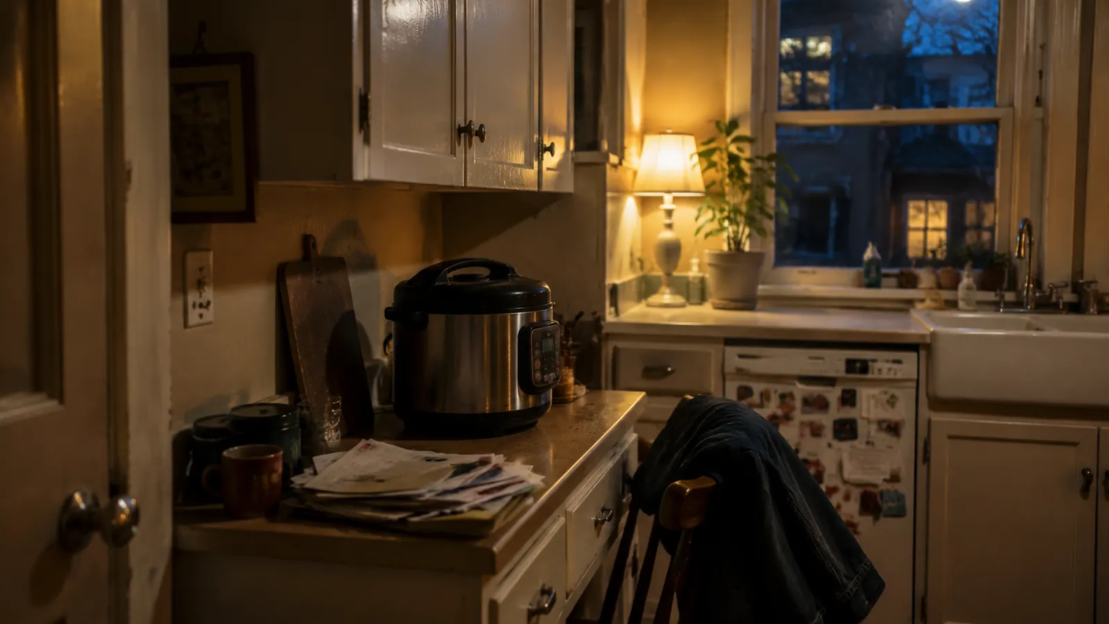 A pressure cooker on a small kitchen counter at dusk with mail stacked nearby