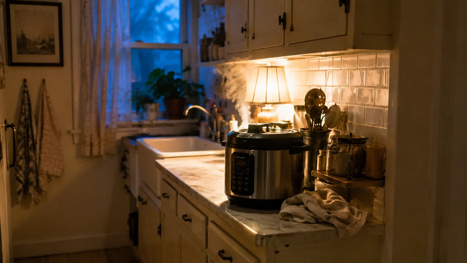 A pressure cooker on a narrow galley kitchen counter with steam catching the evening light