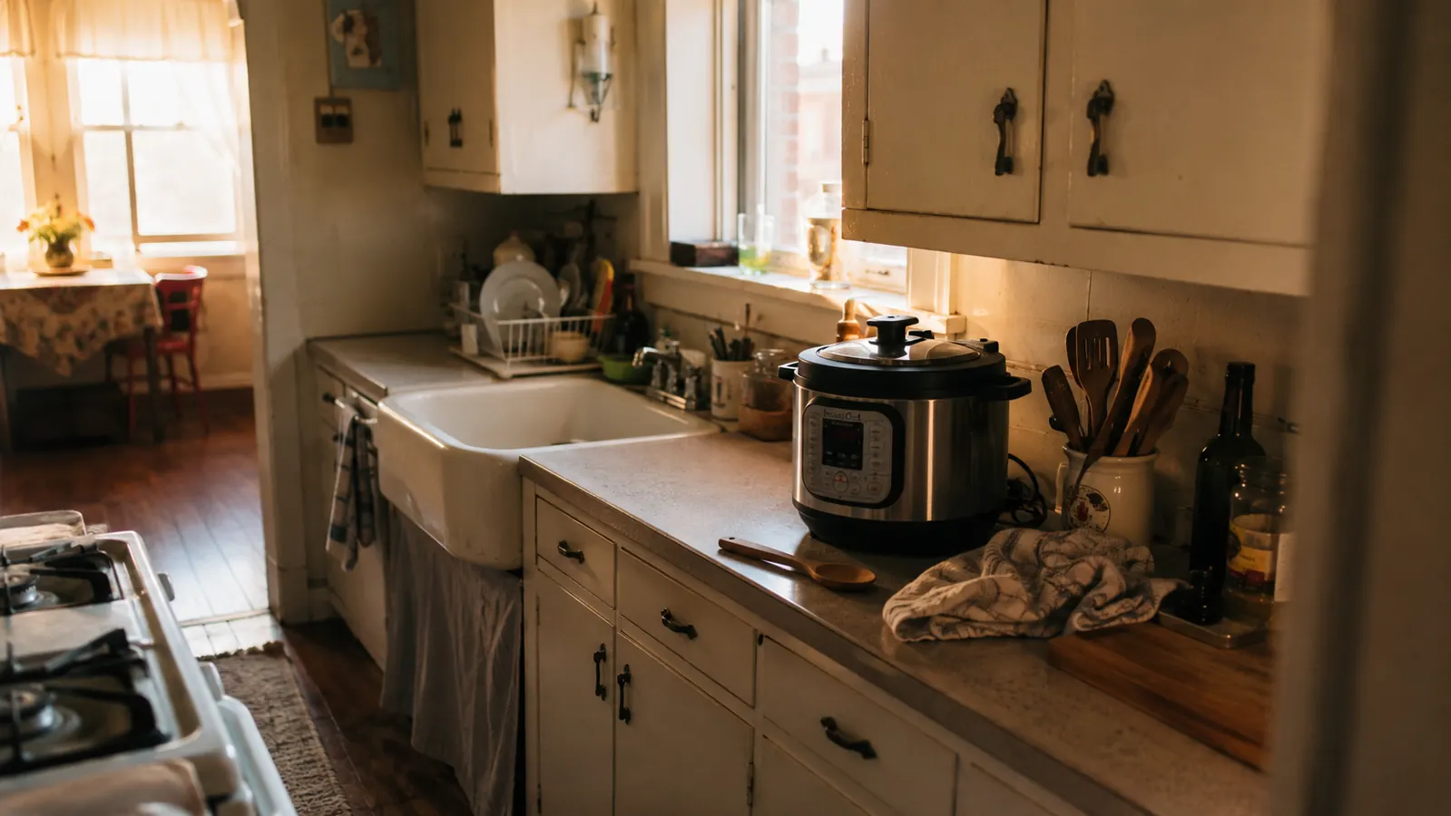 A pressure cooker sitting on a narrow counter in a small, warmly lit galley kitchen