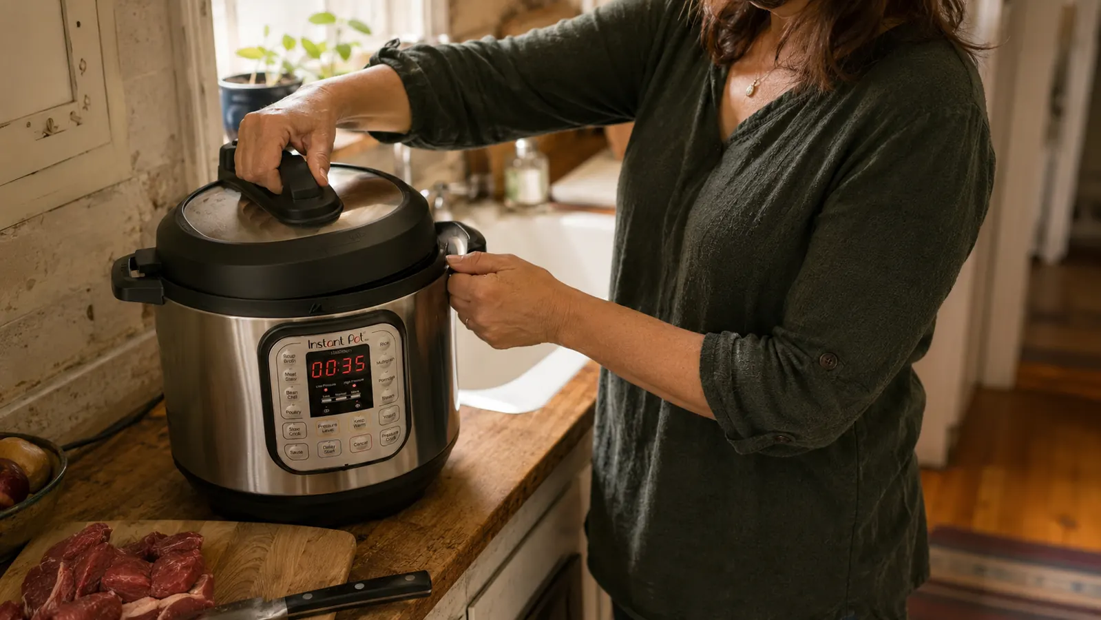 A hand locking the lid on an Instant Pot Duo before pressure cooking