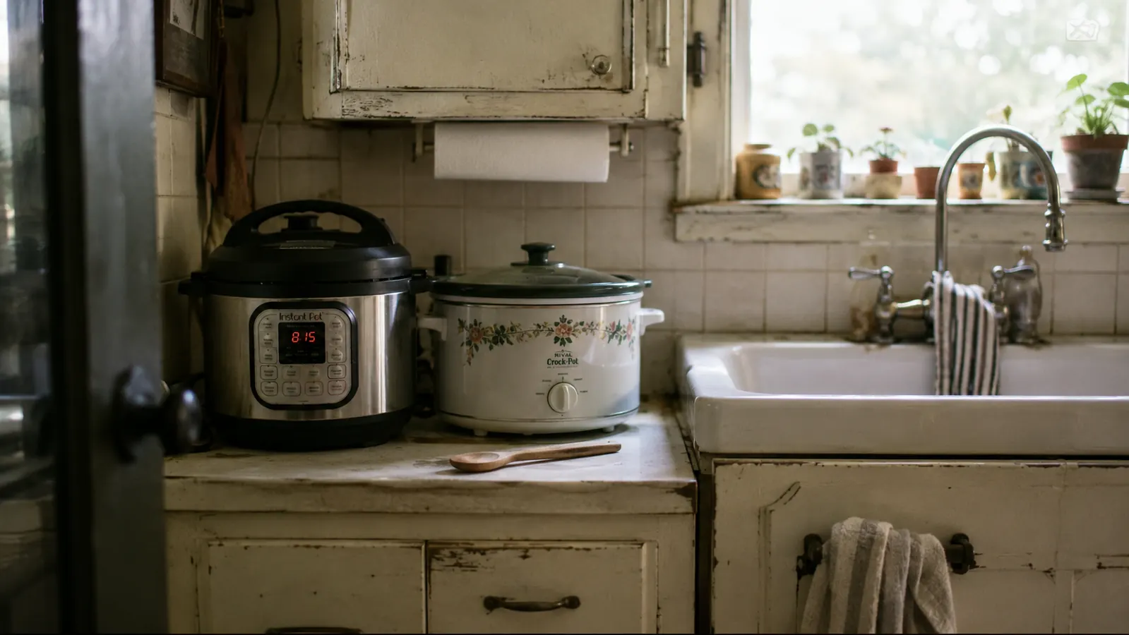 An Instant Pot and a Crock-Pot slow cooker sitting side by side on a narrow kitchen counter