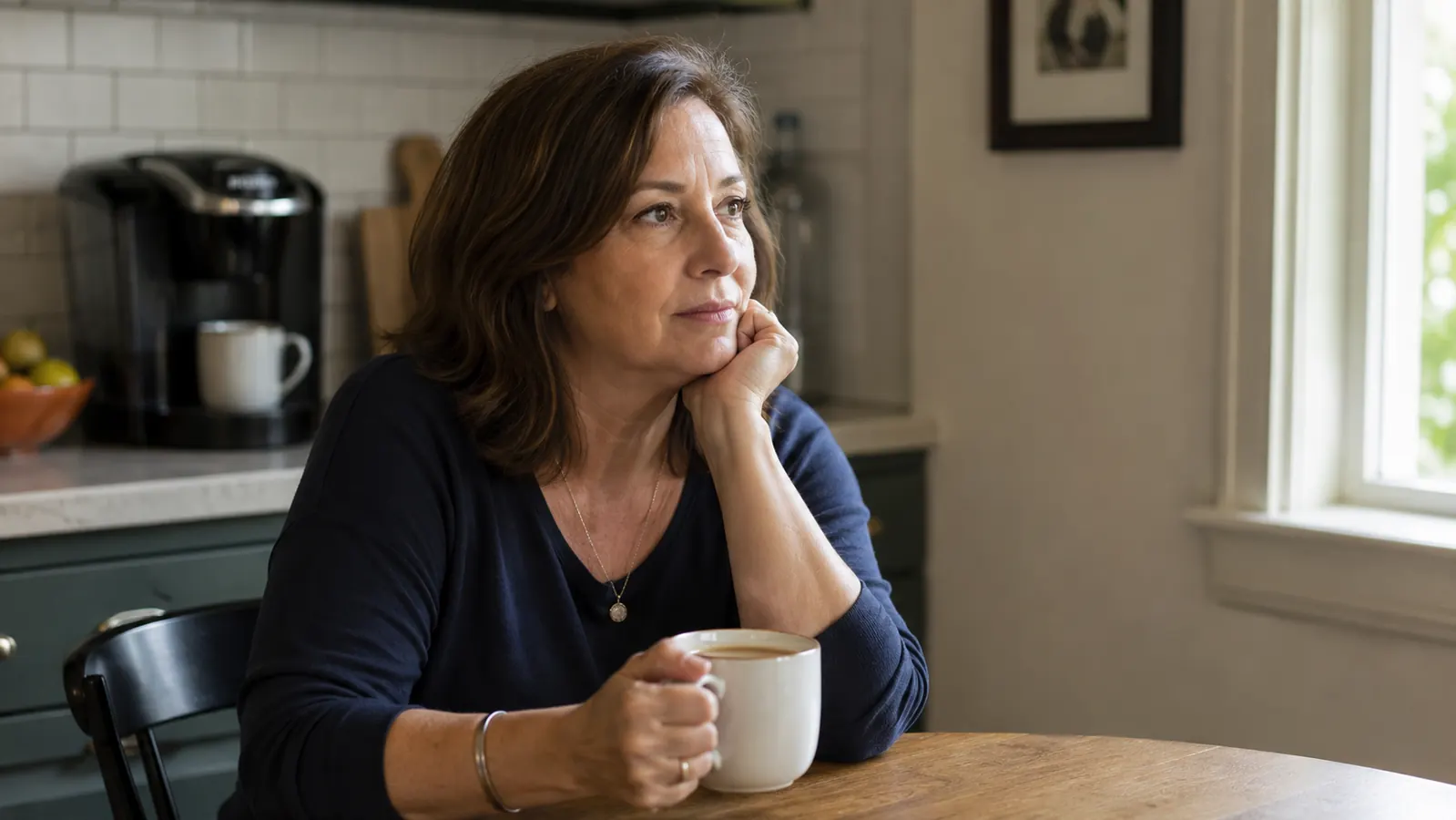 A woman sitting at a kitchen table with a mug of coffee, a Keurig K-Classic visible on the counter behind her