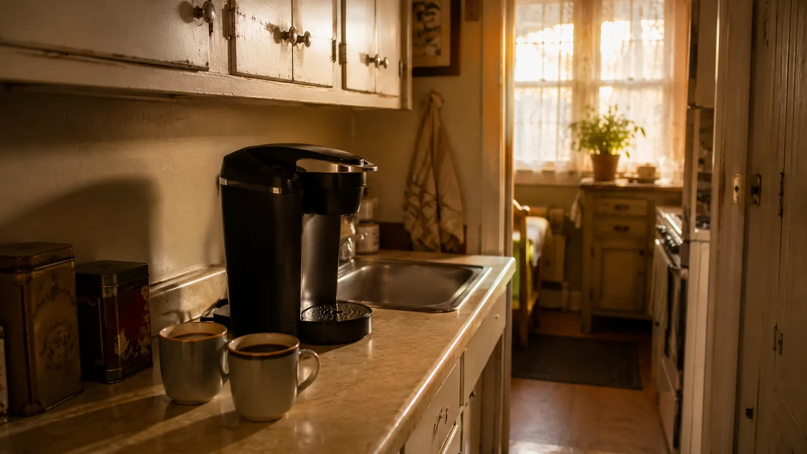 A black Keurig K-Classic coffee maker on a narrow kitchen counter at dawn with two mugs nearby
