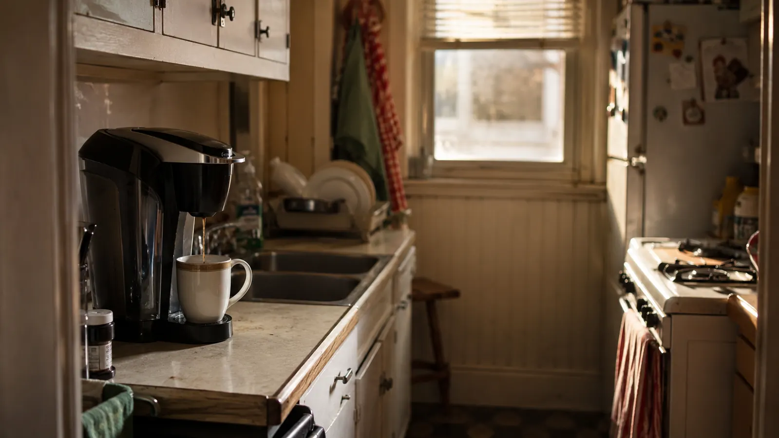 A black Keurig K-Classic coffee maker on a narrow kitchen counter in warm morning light