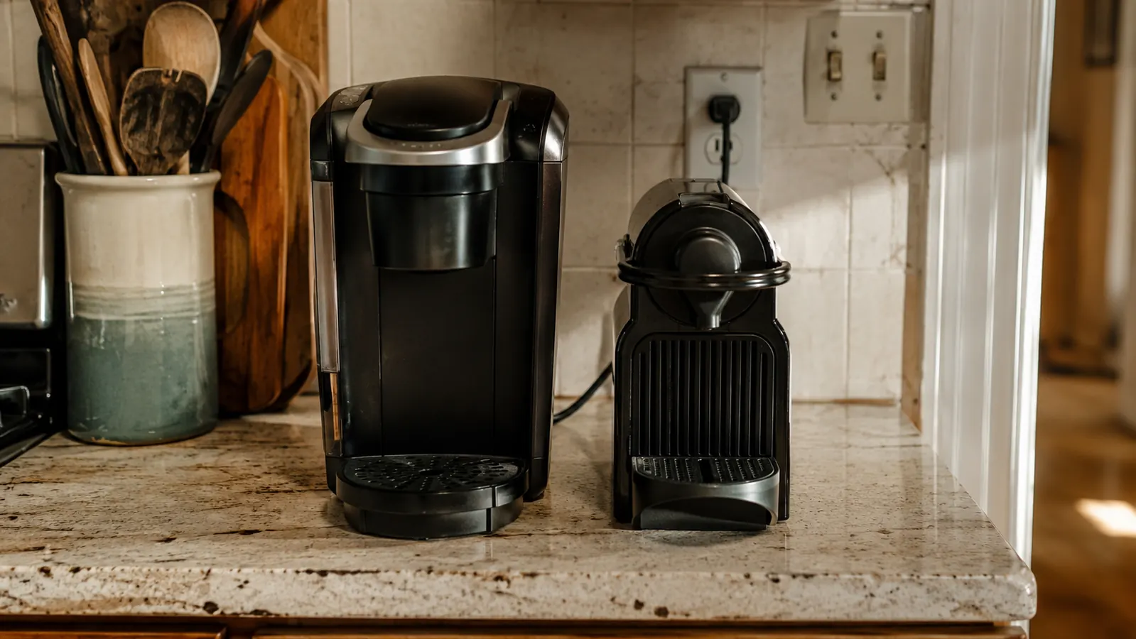Two single-serve coffee machines of different sizes sitting side by side on a small kitchen counter