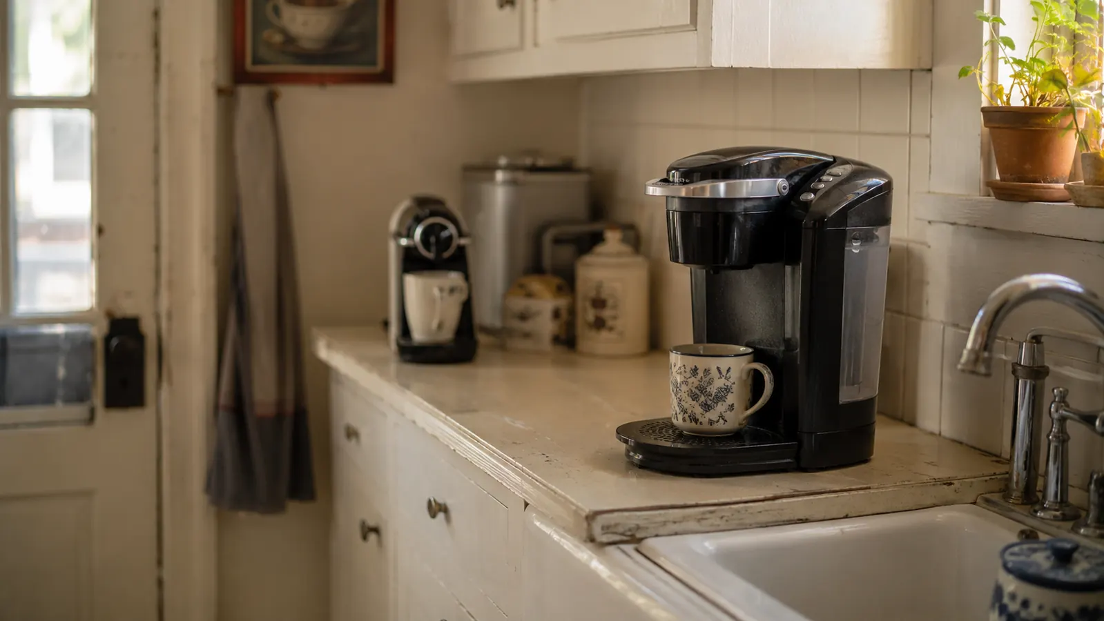 A black Keurig K-Classic coffee maker on a narrow kitchen counter with a smaller espresso pod machine visible in the background