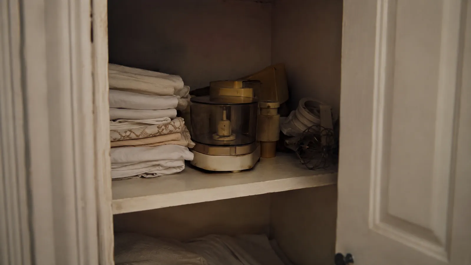 A hall closet shelf holding an old unused chopper pushed to the back