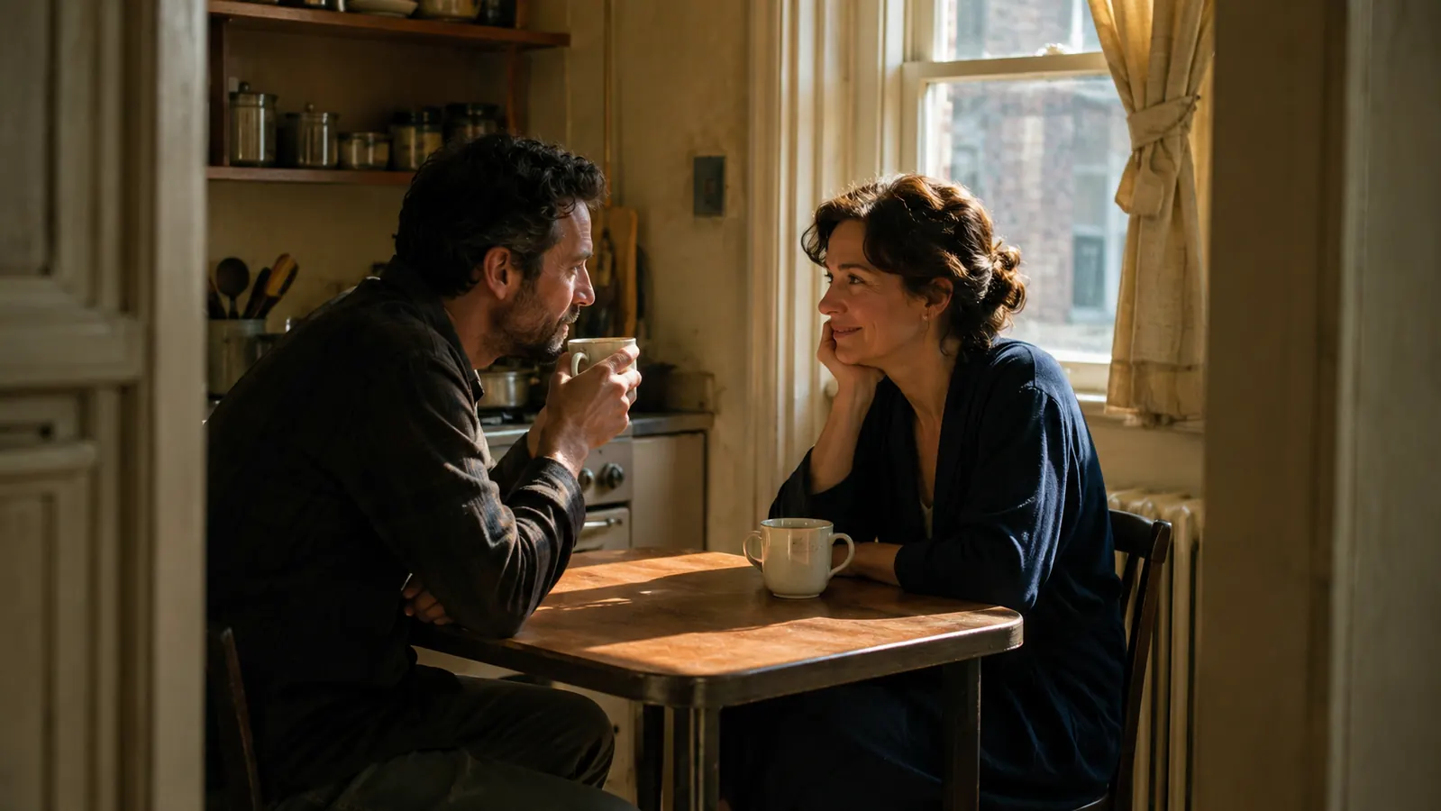 A couple sitting at a small kitchen table having coffee in the morning
