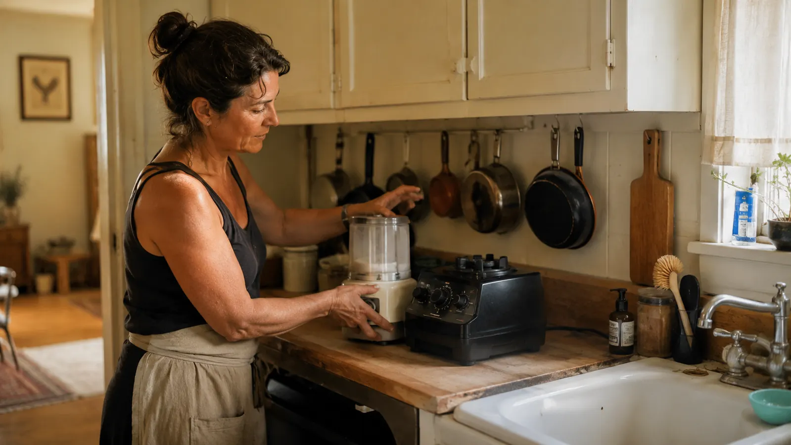 Woman clearing counter space for a new blender in a narrow galley kitchen