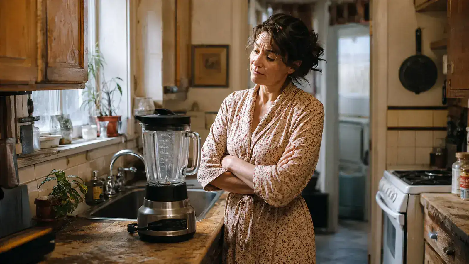 Woman standing skeptically at her narrow kitchen counter looking at her blender