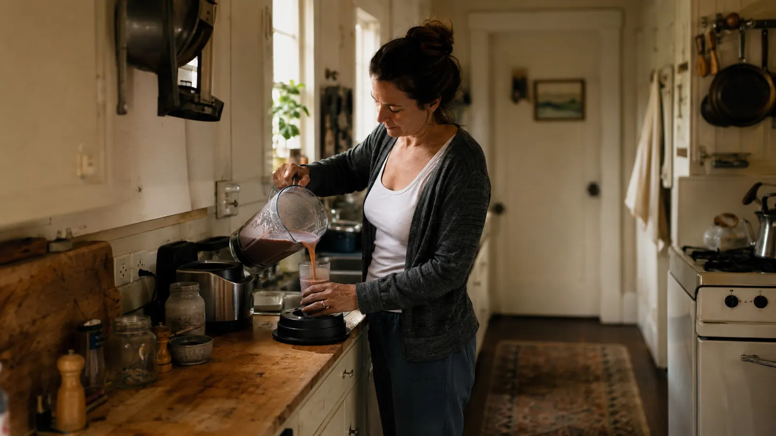 Woman pouring a smoothie in a narrow galley kitchen in morning light